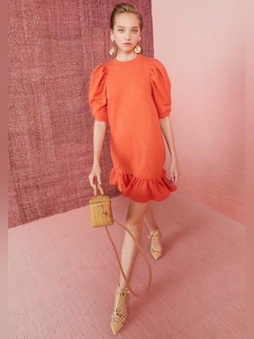 Ulla Johnson Landry Orange (Chili ) Puff Sleeve Cotton Fall Mini Dress Small